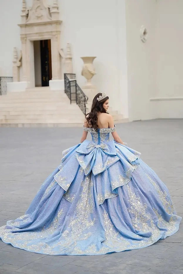 Sparkly Ball Gown Off Shoulder Short Sleeve Corset Back Train Quinceañera Dress