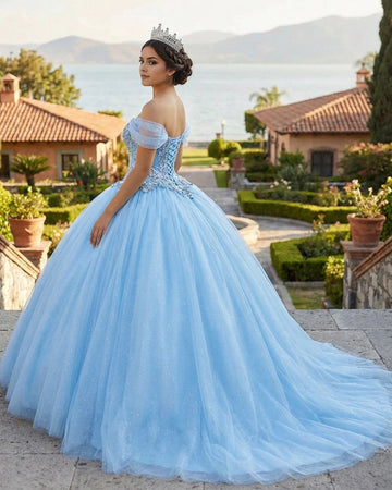 Vedress light blue off shoulder ball gown quinceanera dress lace up back view sparkly tulle skirt with train