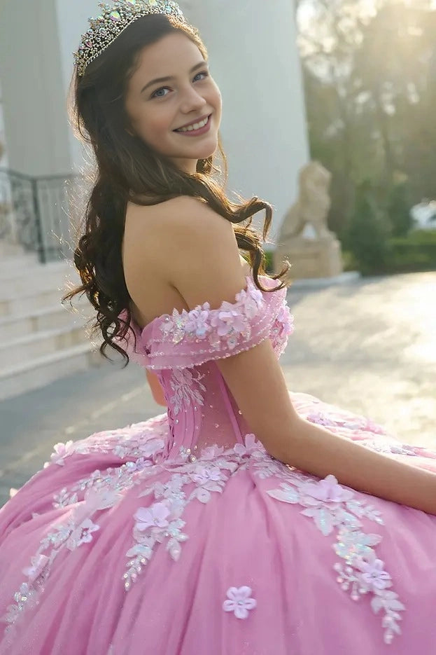 Glitter Ball Gown Sweetheart Off Shoulder Corset Back Floor Length Quinceañera Dress