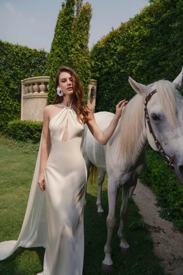 Luxury Mermaid Halter Sleeveless V‑Open Deep‑V‑Back Train Wedding Dress
