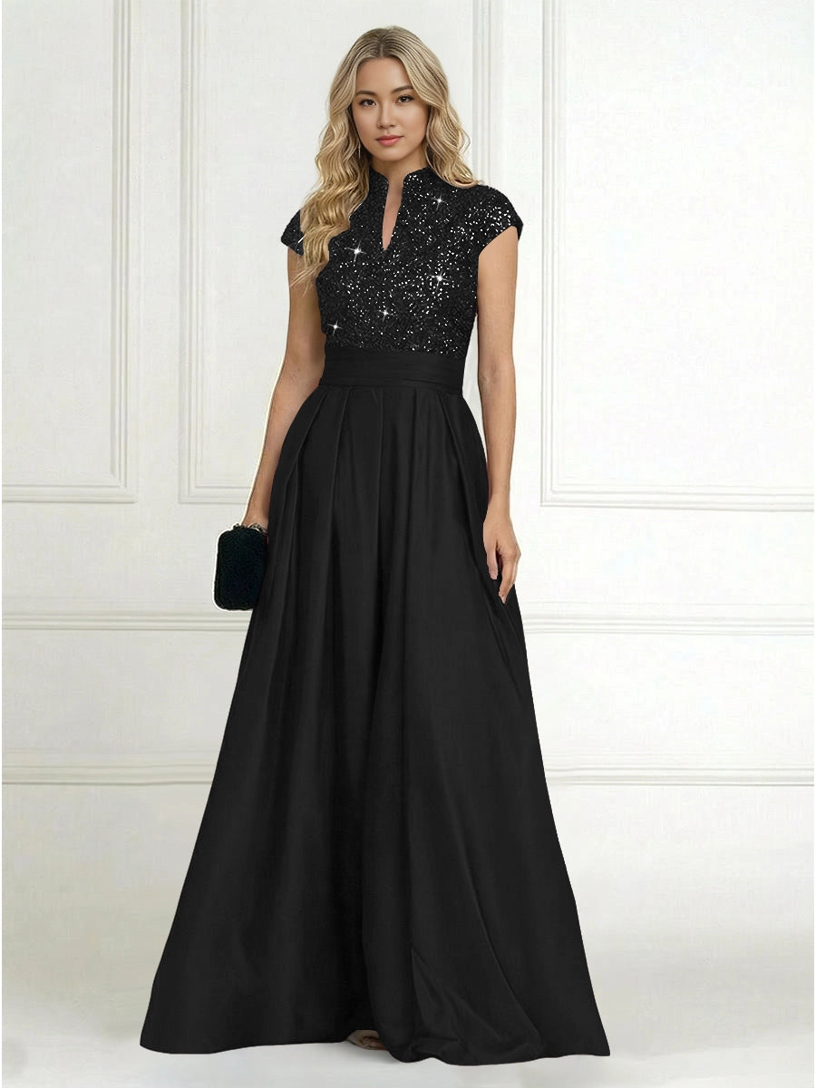 Luxury A-Line High-Neck Cap-Sleeve Zip-Back Floor-Length Plus Size Mother of the Bride Dress