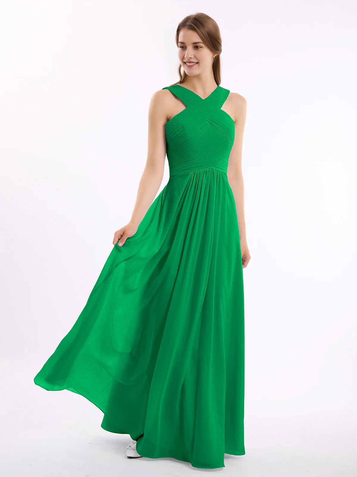 Crisscross Neck Pleated Bodice Flowy Chiffon A-Line Floor-Length Bridesmaid Evening Maxi Dress