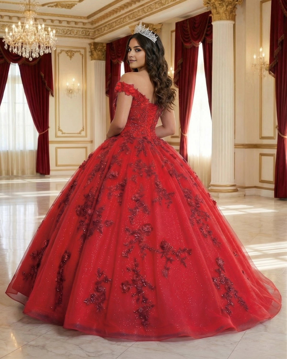 Ballgown Off-shoulder V-neck Short Sleeve Lace-up Back Floor Length Quinceañera Dress