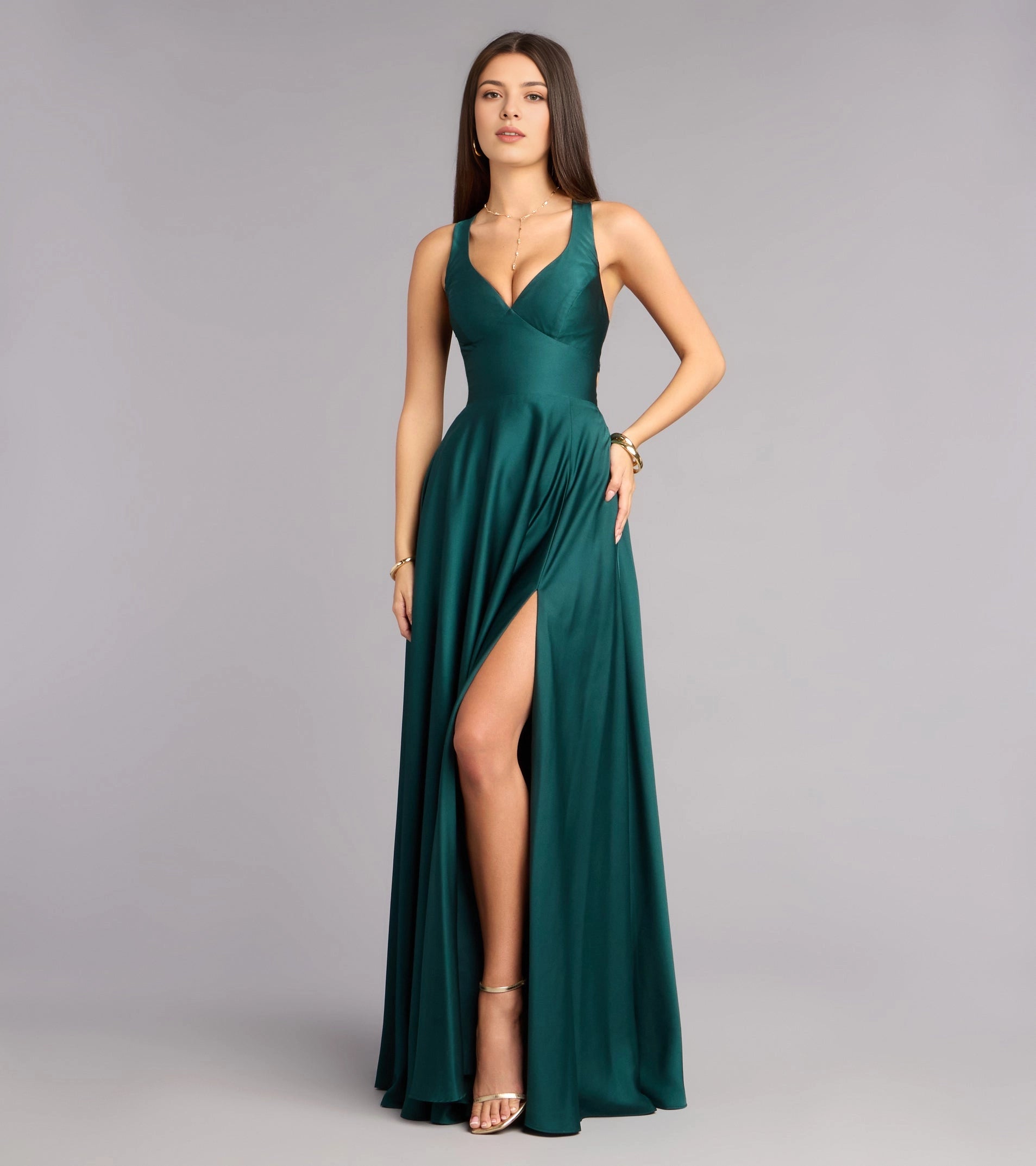 Navy A Line Halter Deep V Sleeveless Lace Up Back Slit Long Prom Dress