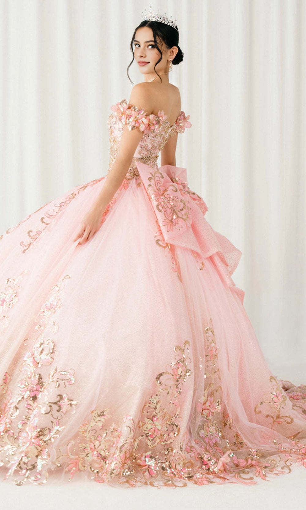 Glam Ball Gown Off‑Shoulder Floral Sleeve Lace‑Up Back Sweep Train Quinceanera Dress