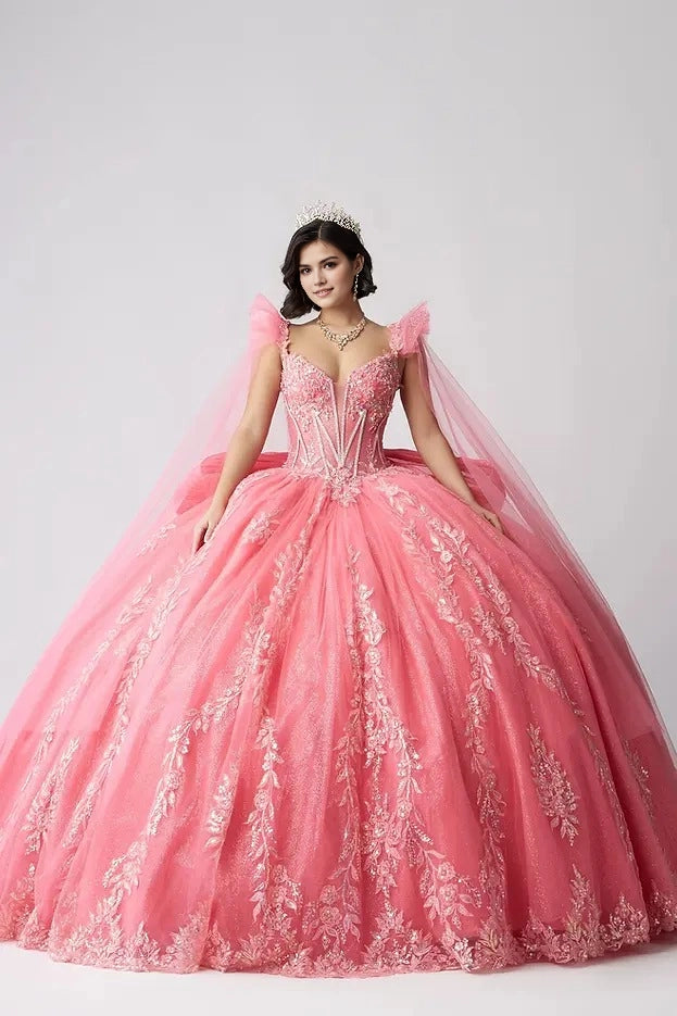 Ball Gown V Neck Tulle Strap Corset Back Train Quinceañera Dress