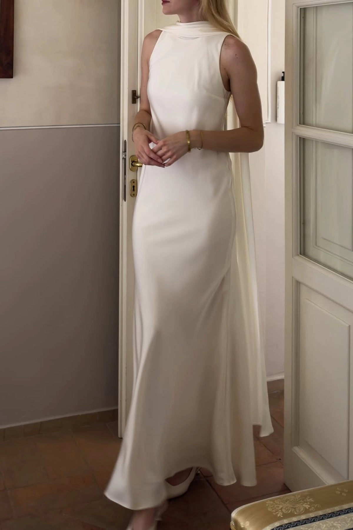 Minimal Sheath High Neck Sleeveless Cape Open Back Floor Length Wedding Gown