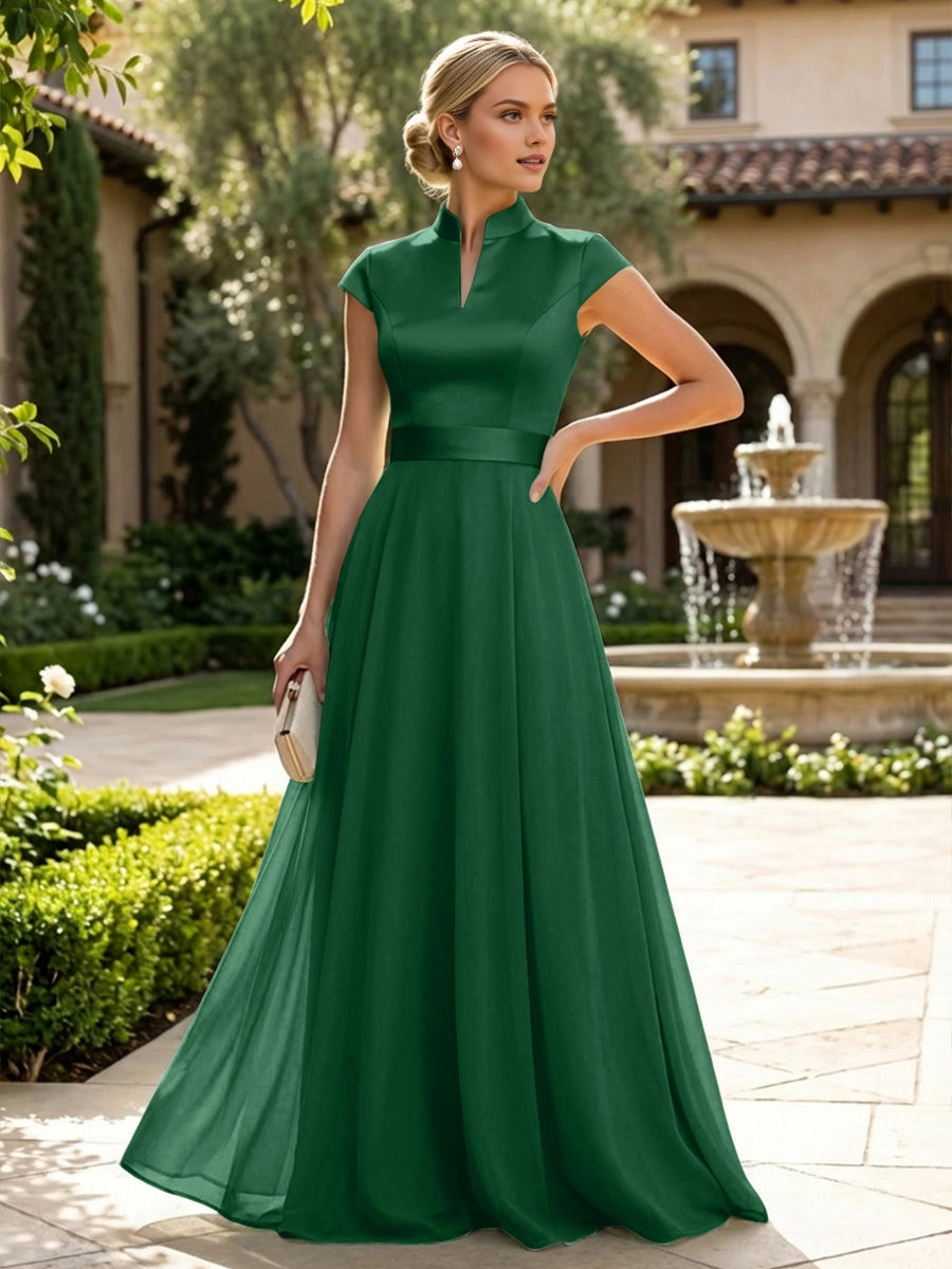 Elegant Sage A‑Line Stand‑Collar Cap‑Sleeve Zip‑Back Floor‑Length Mother Of The Bride Dress