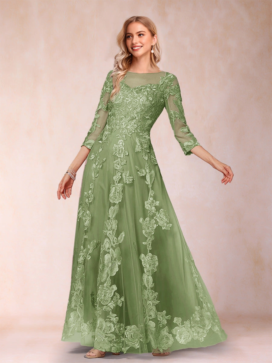 Romantic A‑Line Illusion Round‑Neck 3/4‑Sleeve Keyhole‑Zip‑Back Floor‑Length Mother Of The Bride Dress