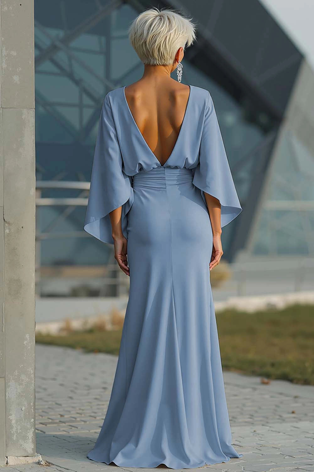 Satin Mermaid Boat Neck Dolman Deep V Back Maxi Wedding Guest Dress