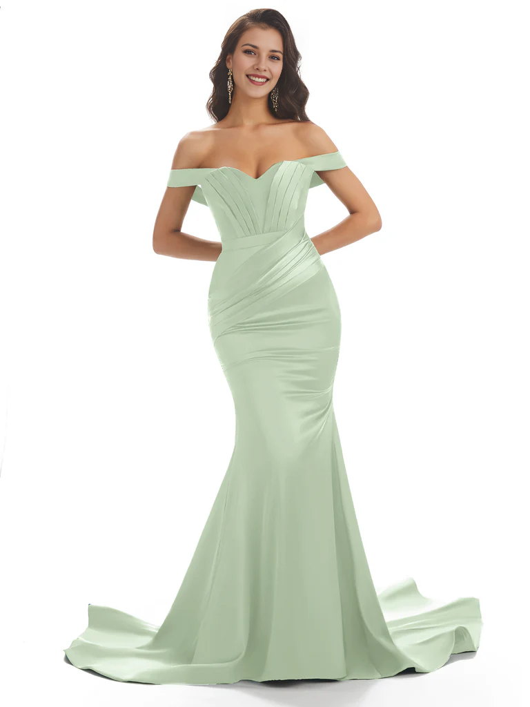 Vestido de noche largo de satén con escote corazón, fruncido, tipo sirena, con hombros descubiertos y cola