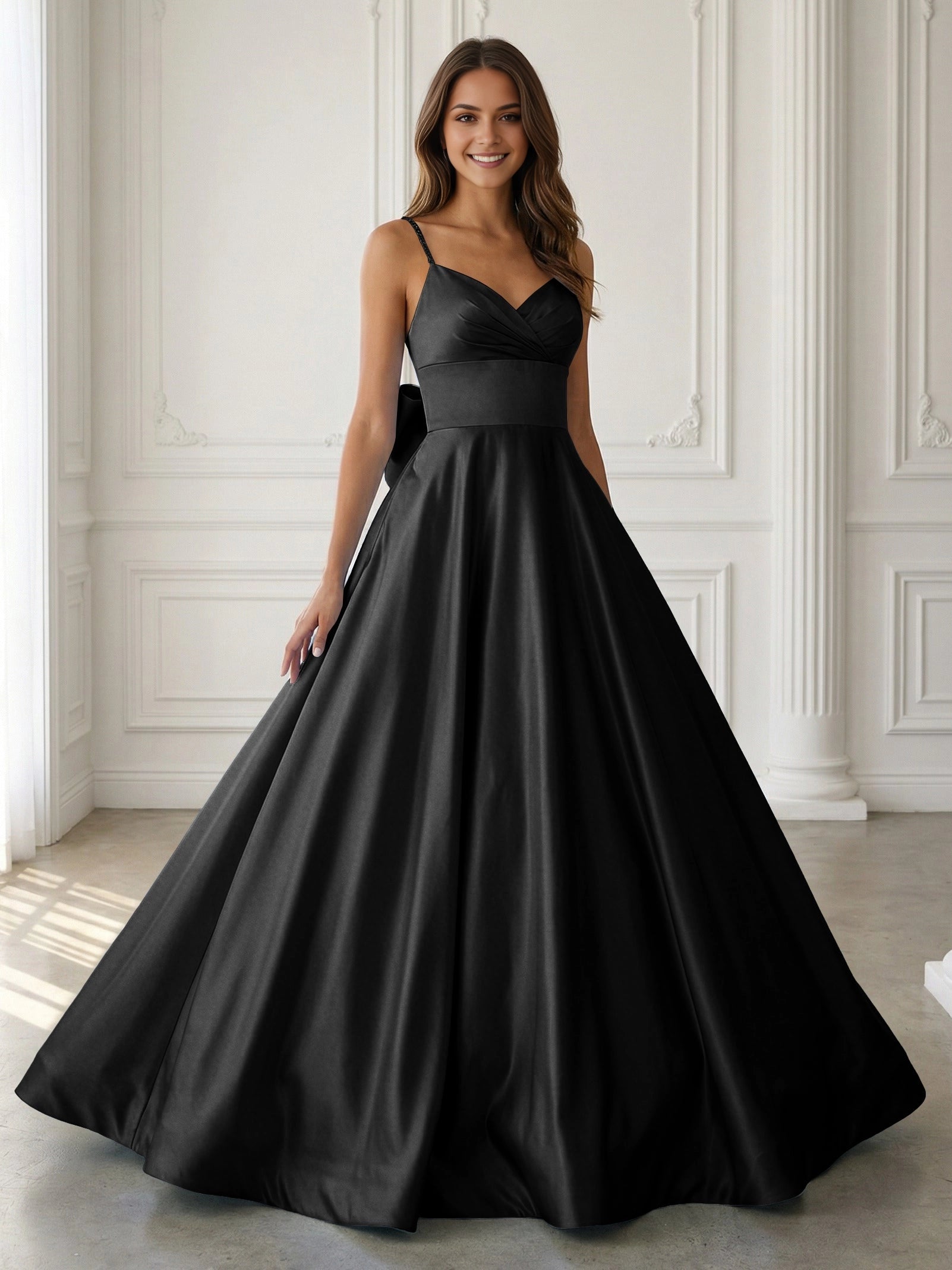 Elegant A‑Line V‑Neck Beaded‑Strap Sleeveless Bow‑Back Floor‑Length Prom Dress