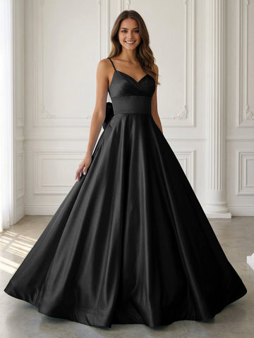 Elegant A‑Line V‑Neck Beaded‑Strap Sleeveless Bow‑Back Floor‑Length Prom Dress