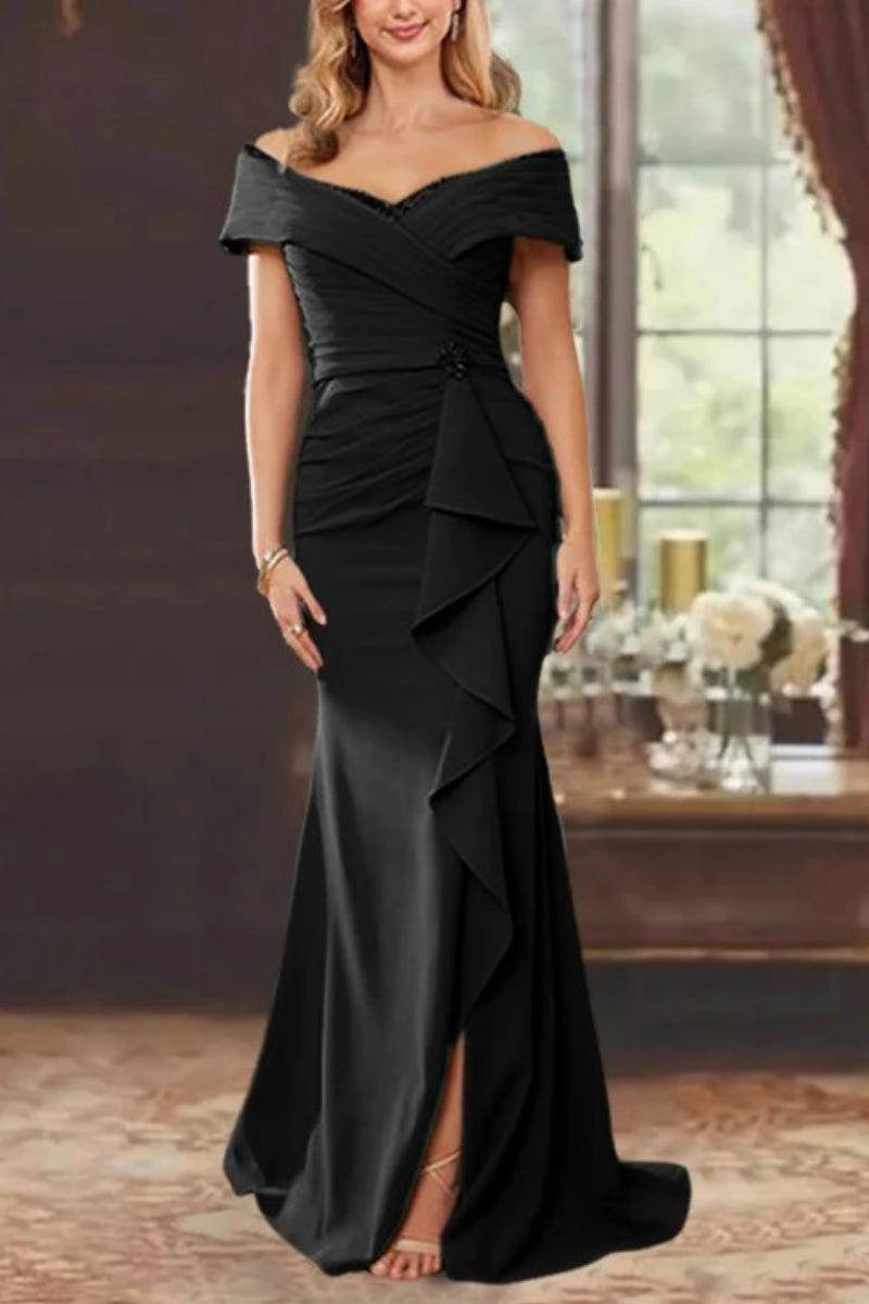 Chic Mermaid Off Shoulder Zip Back Slit Floor Length Mother Of The Bride Dress