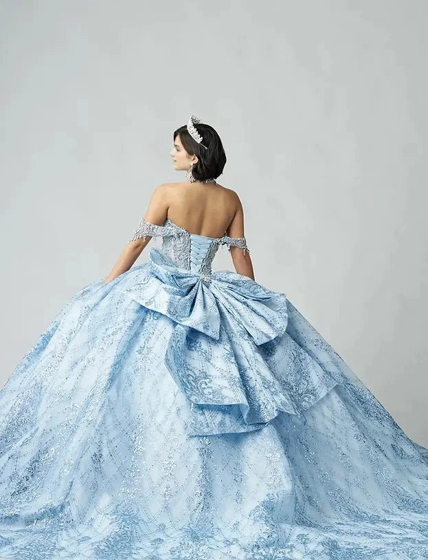 Sparkle Ball Gown Sweetheart Off Shoulder Open Back Train Quinceañera Dress