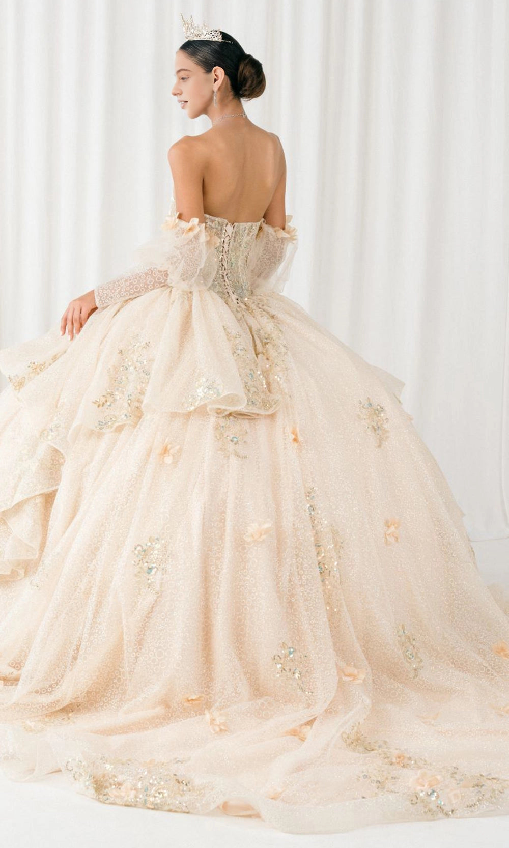Dusty Pink Ball Gown Strapless Off‑Shoulder Puff Long Sleeves 3D Floral Big Bow Long Train Quinceanera Dress