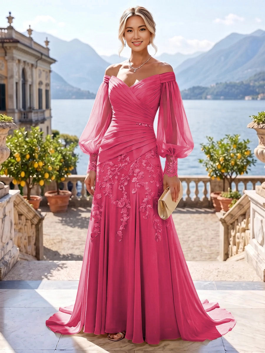 Romantic Mermaid Off-Shoulder Puff-Sleeve Zip-Back Sweep-Train Plus Size Mother of the Bride Dress