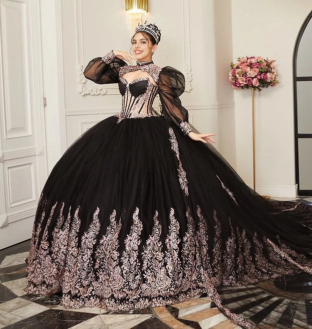 Ball Gown Puff Sleeve Corset Back Cape Train Quinceañera Dress