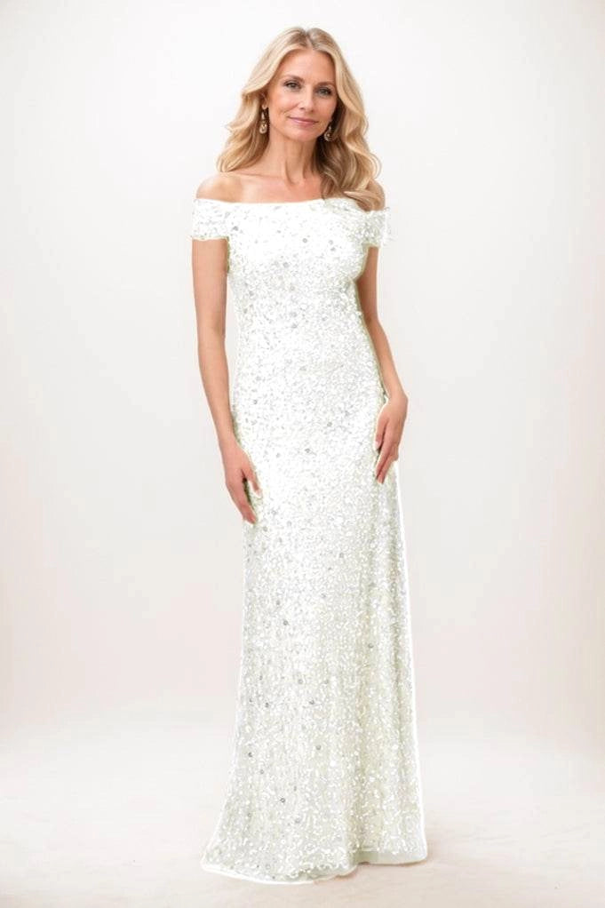Glam Mermaid Off Shoulder Zip Back Beaded Floor Length Mother Of The Bride Dress