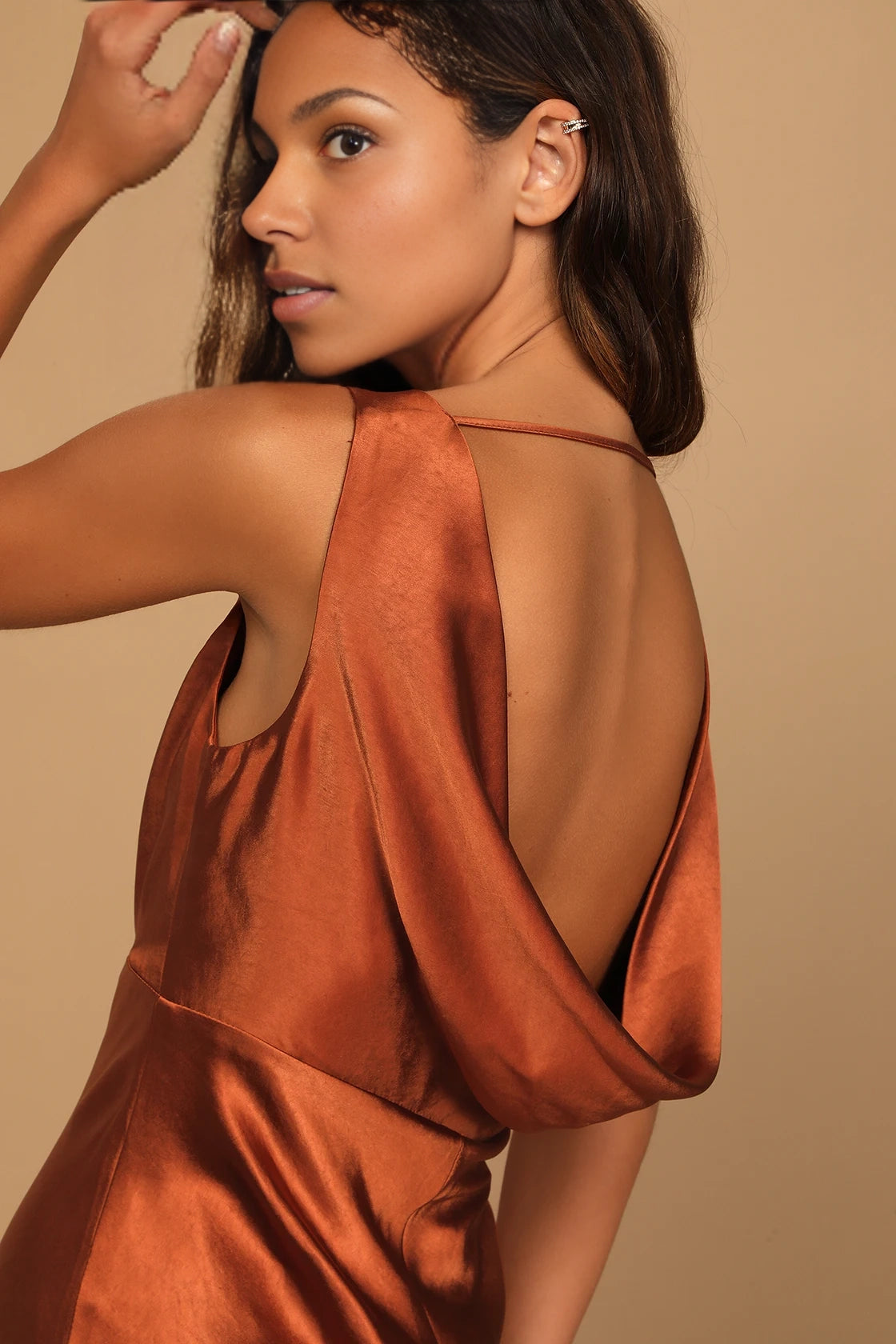 Silky Satin A Line Deep V Spaghetti Strap Cowl Back Midi Homecoming Dress