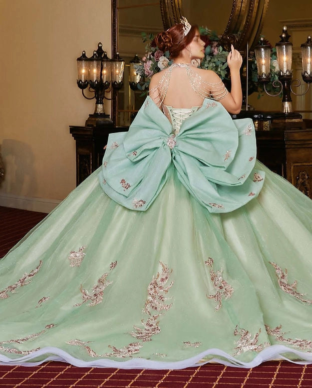 Ball Gown Beaded Strap Corset Back Big Bow Quinceañera Dress