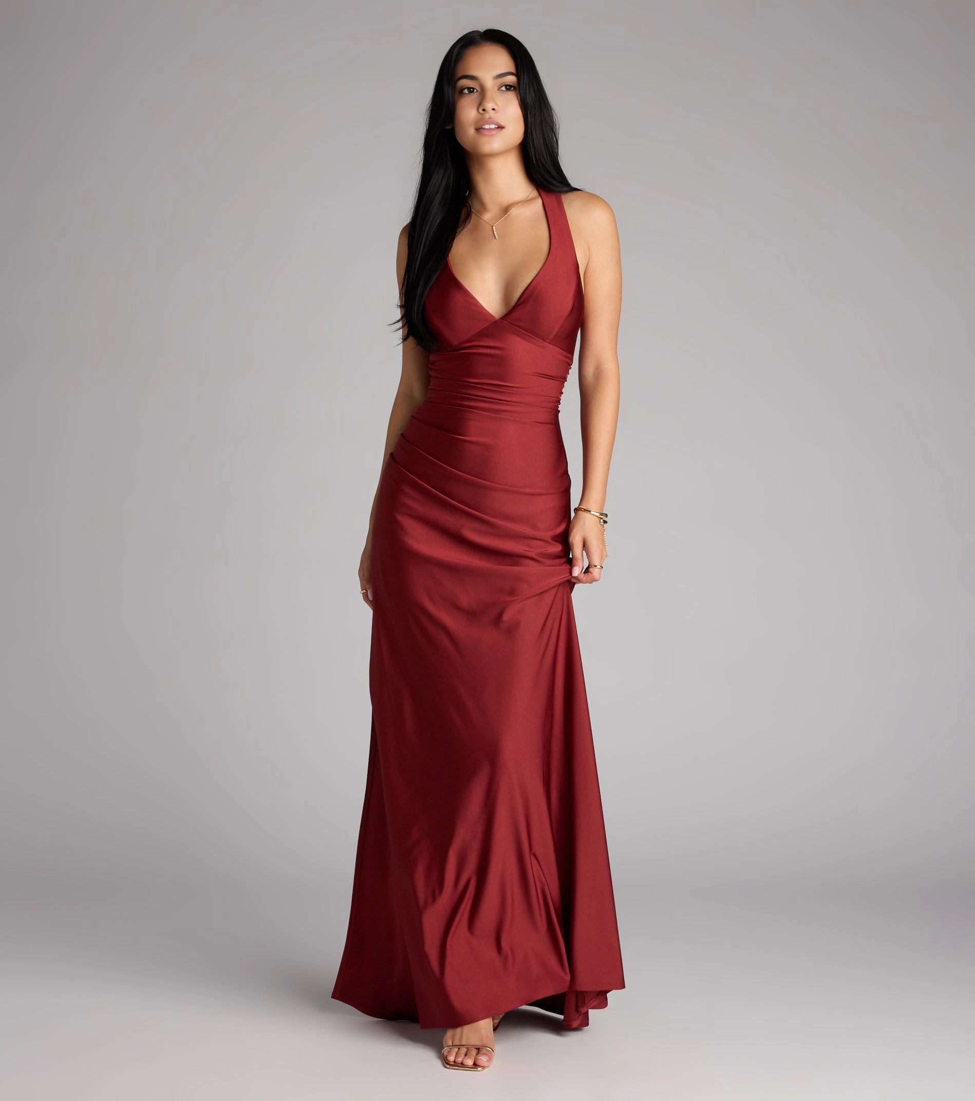 Pale Yellow Mermaid Halter Deep V Wrap Tie Back Long Prom Dress 