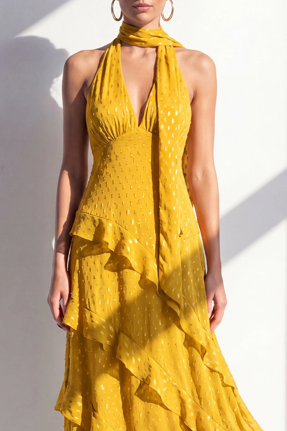 Flowy A Line Halter Open Back Sleeveless Zip Up Maxi Wedding Guest Dress