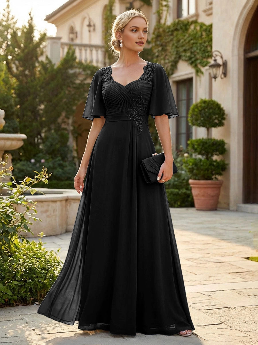 Graceful Dusty Blue A-Line Sweetheart Flutter-Sleeve Sweetheart-Back Floor-Length Mother Of The Bride Dress