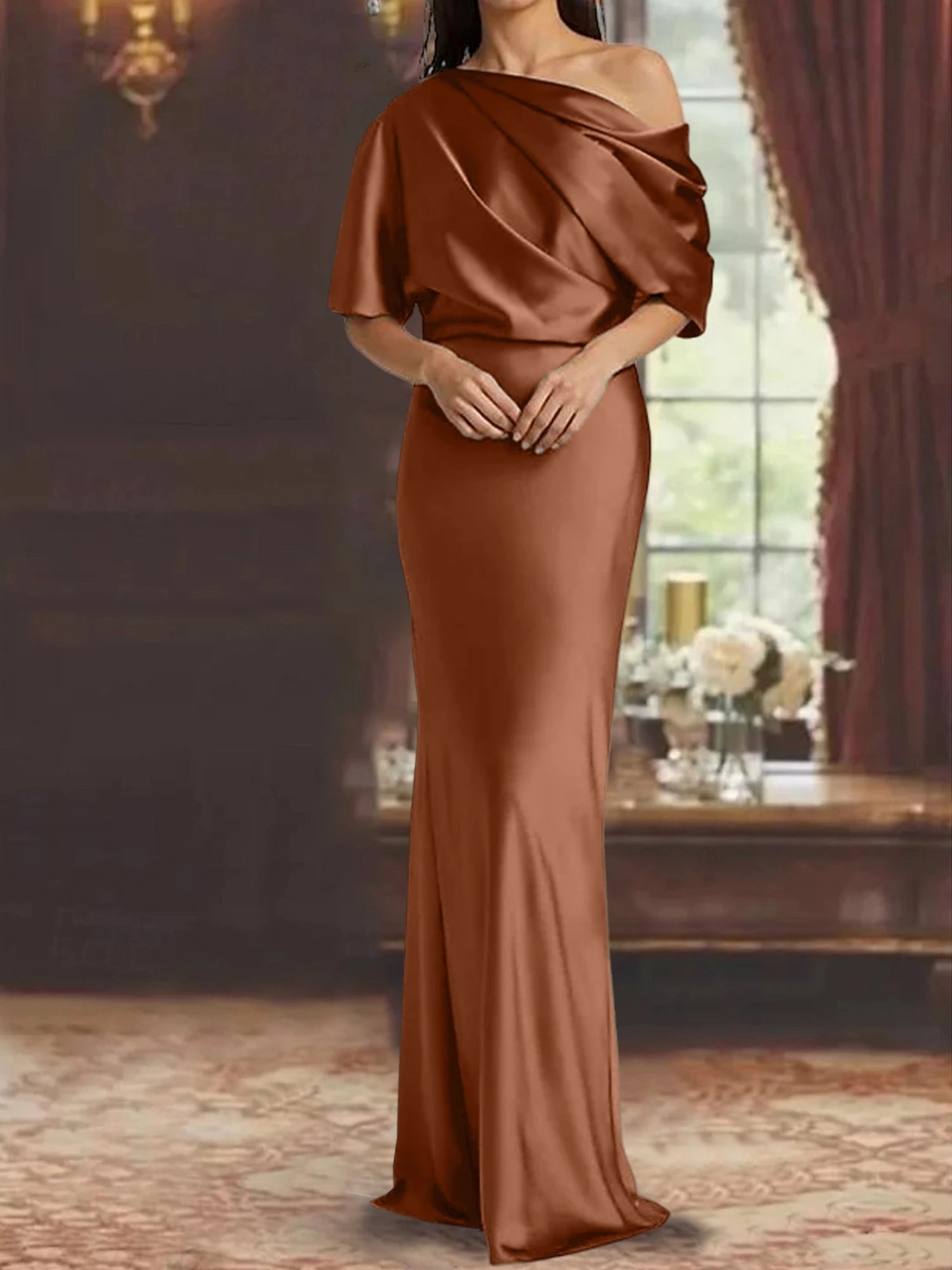 Luxury Mermaid One‑Shoulder Short‑Sleeve Open‑Back Floor‑Length Mother Of The Bride Dress
