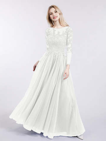 Round Neck Long Sleeve Lace Appliqué Tulle A-Line Floor-Length Bridesmaid Evening Dress