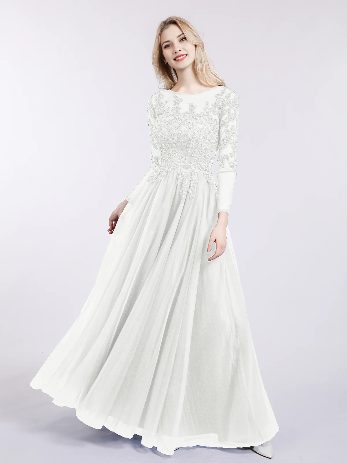 Round Neck Long Sleeve Lace Appliqué Tulle A-Line Floor-Length Bridesmaid Evening Dress