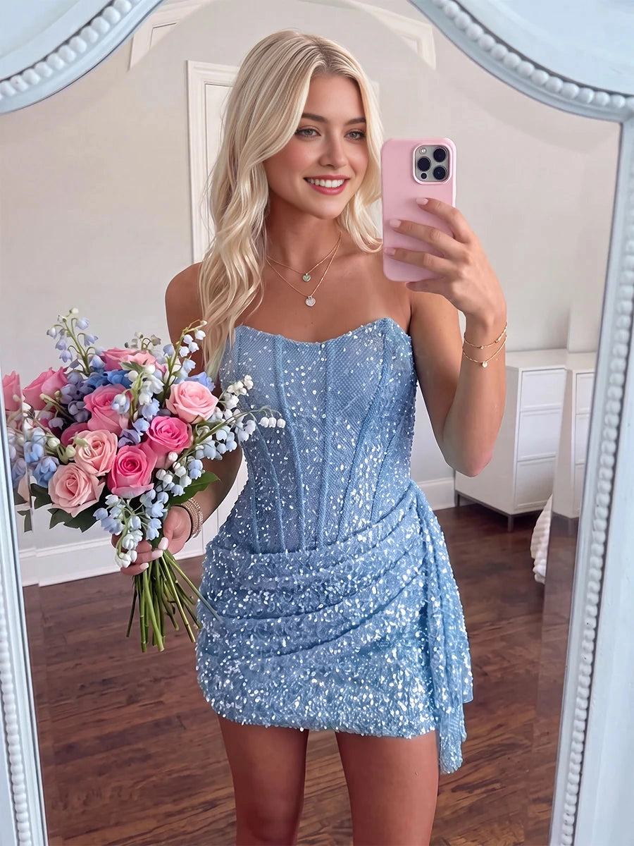 Sparkling Sequin Sheath Sweetheart Strapless Sleeveless Zip‑Back Mini Homecoming Dress