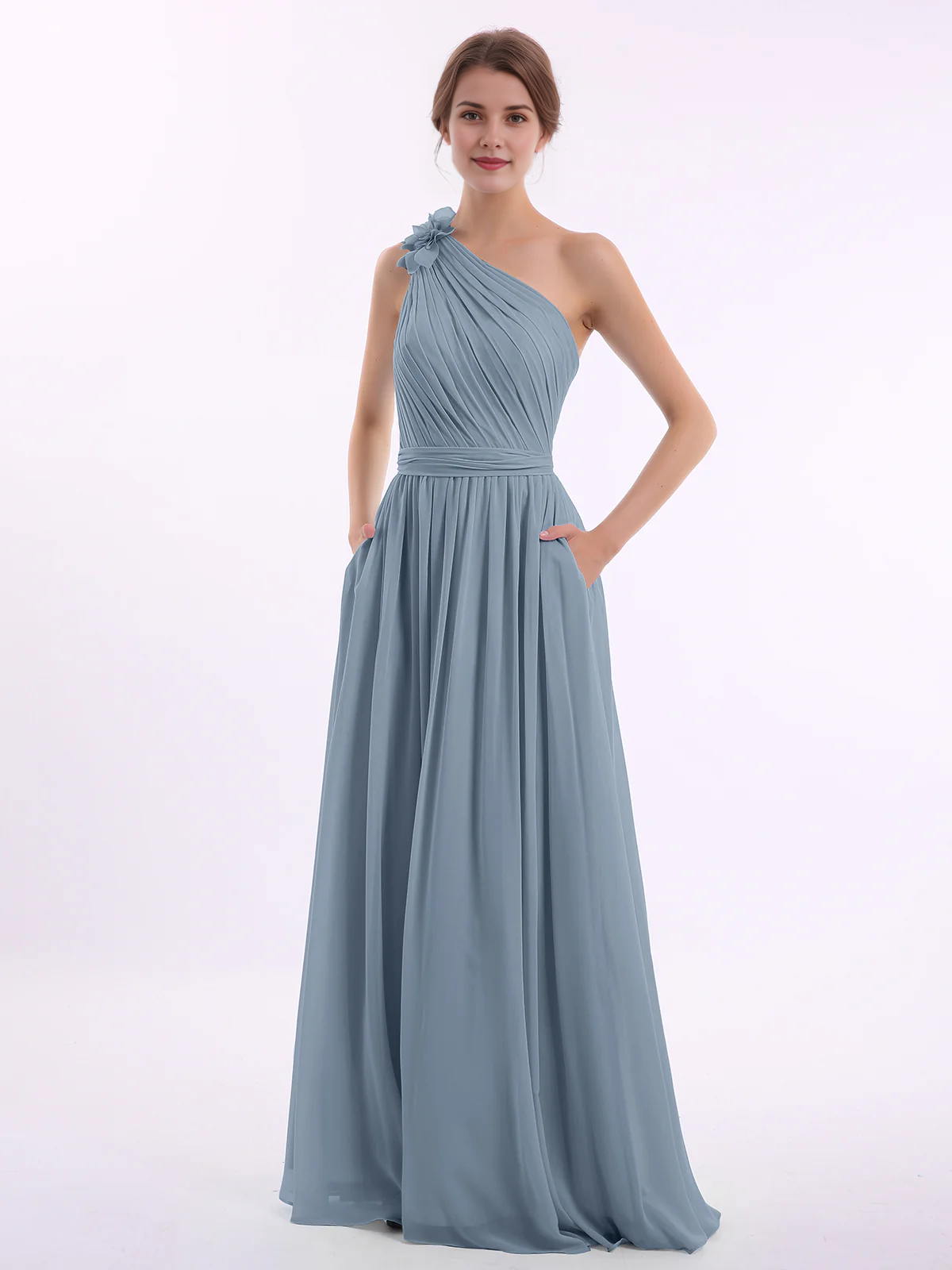 One Shoulder 3D Flower Ruched Chiffon Bridesmaid Maxi Dress with Pockets & Open Back Sash