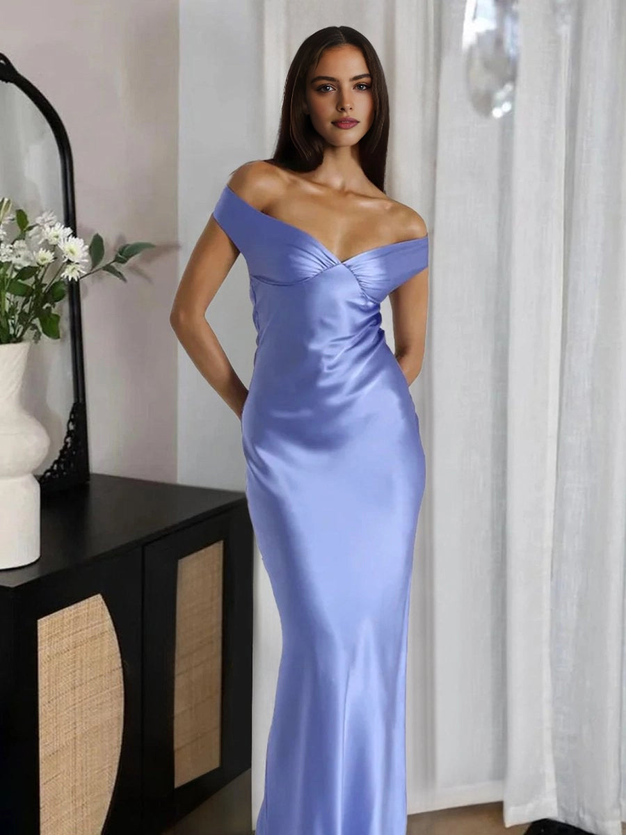 Elegant Cyan Mermaid Off‑Shoulder Sleeveless Bow‑Back Floor‑Length Prom Dress