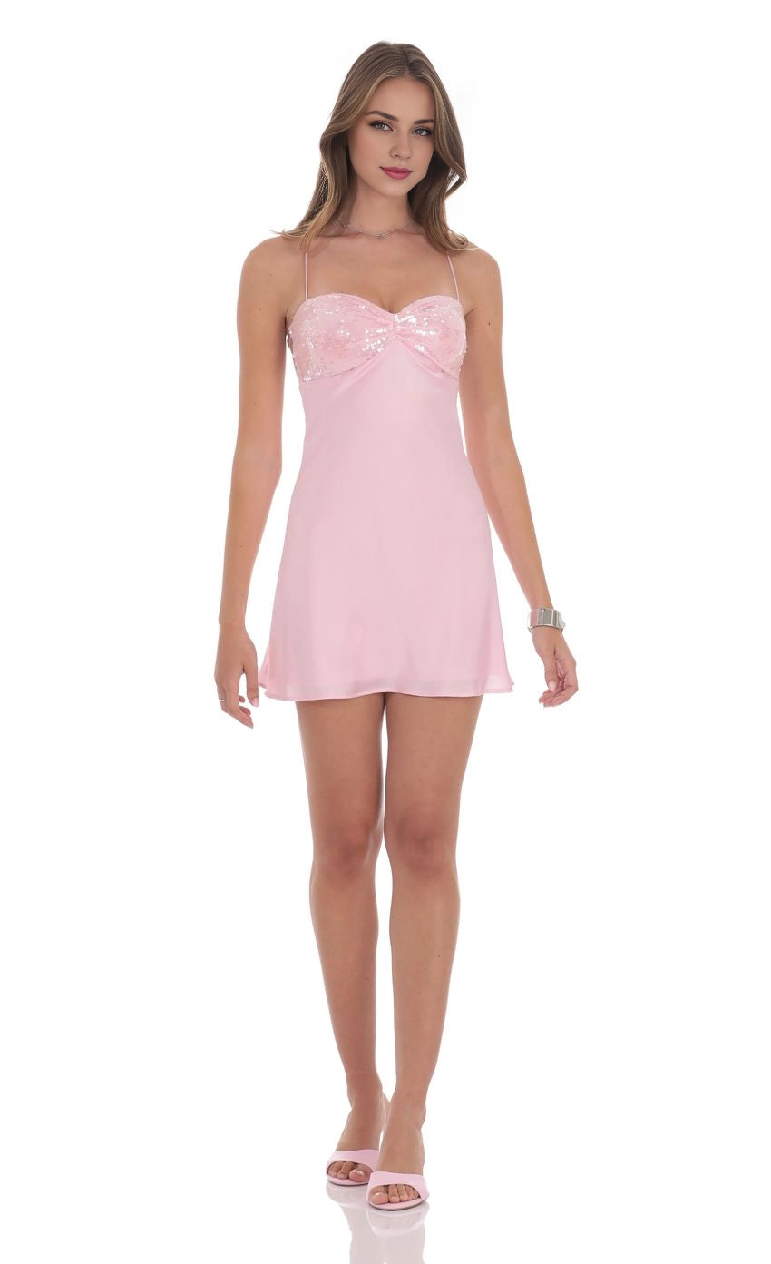 Vedress pink sequin sweetheart sleeveless satin mini prom dress front view
