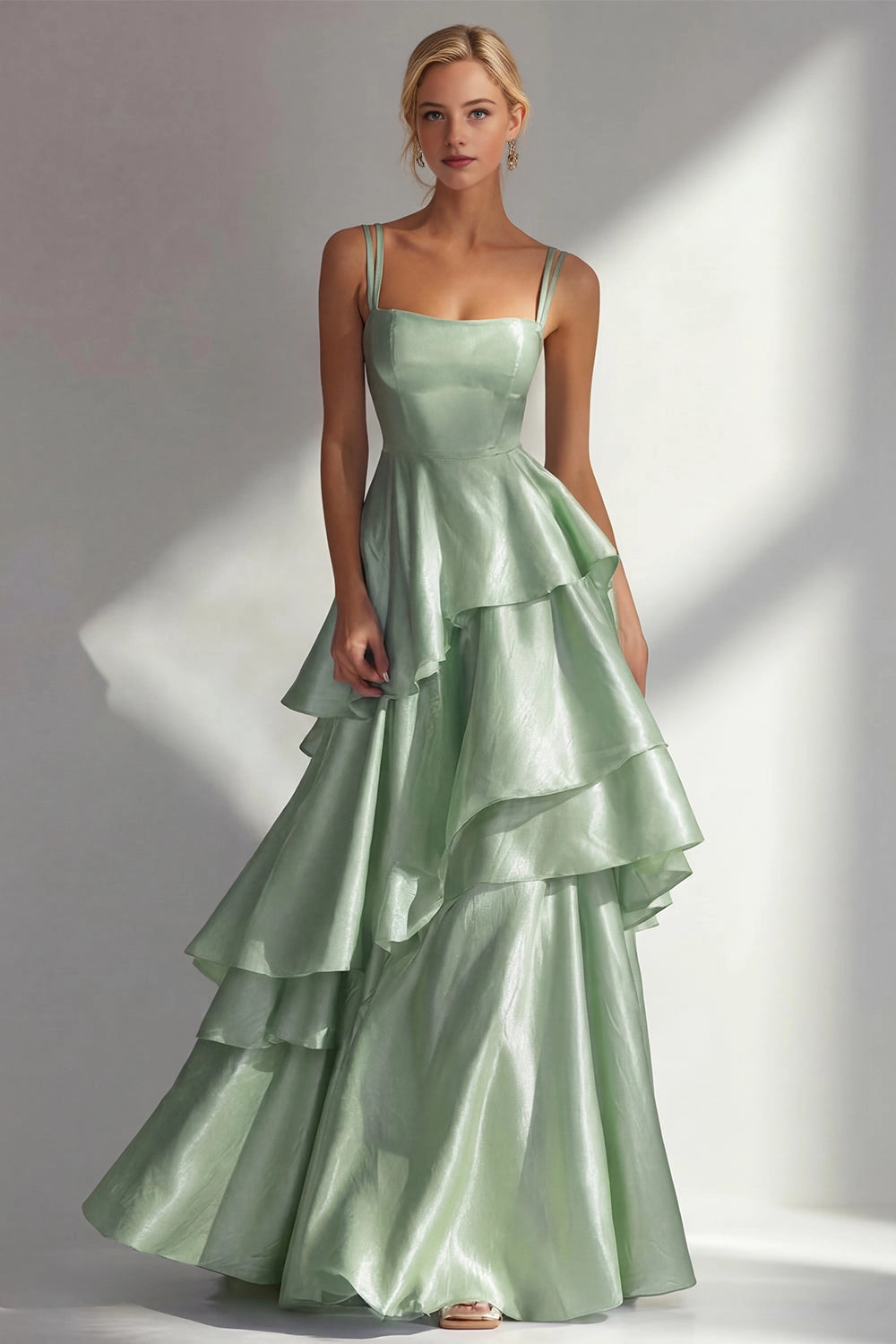 Shiny A Line Square Neck Straps Open Back Tiered Maxi Wedding Guest Dress