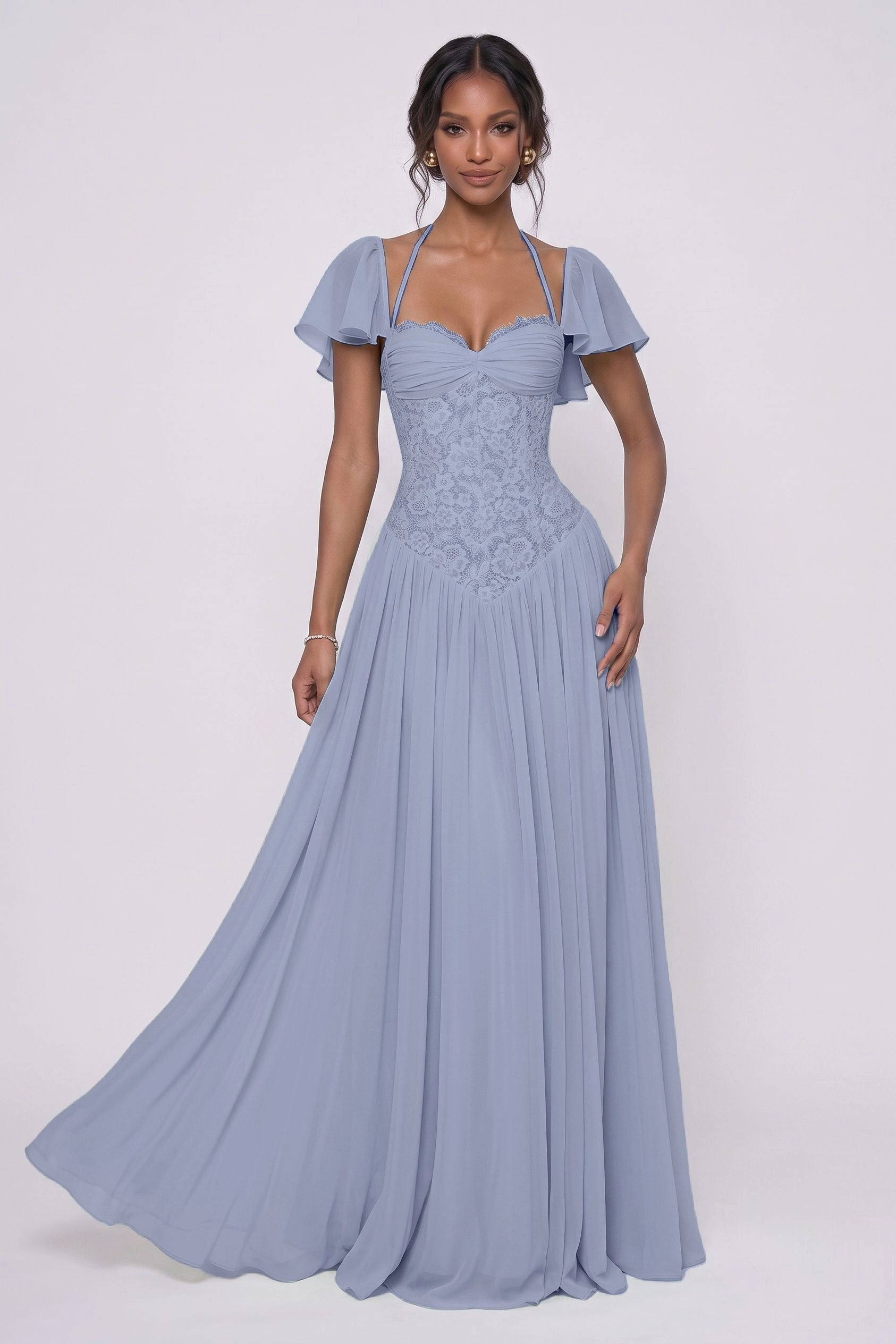 Romantic A-Line Sweetheart Flutter Sleeves Lace-Up Back Floor-Length Wedding Guest Dress