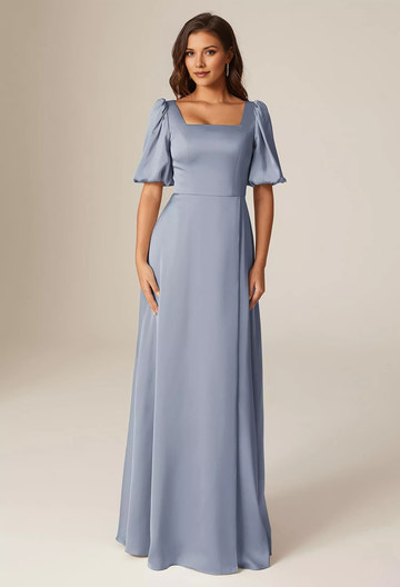 Square Neck Puff Sleeve Satin A-Line Bridesmaid Maxi Dress with Side Slit