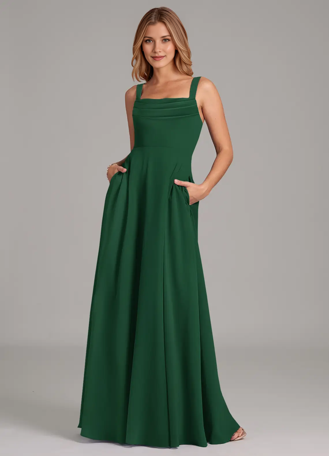 Square Neck Pleated Bodice Chiffon A-Line Floor-Length Bridesmaid Dress with Pockets