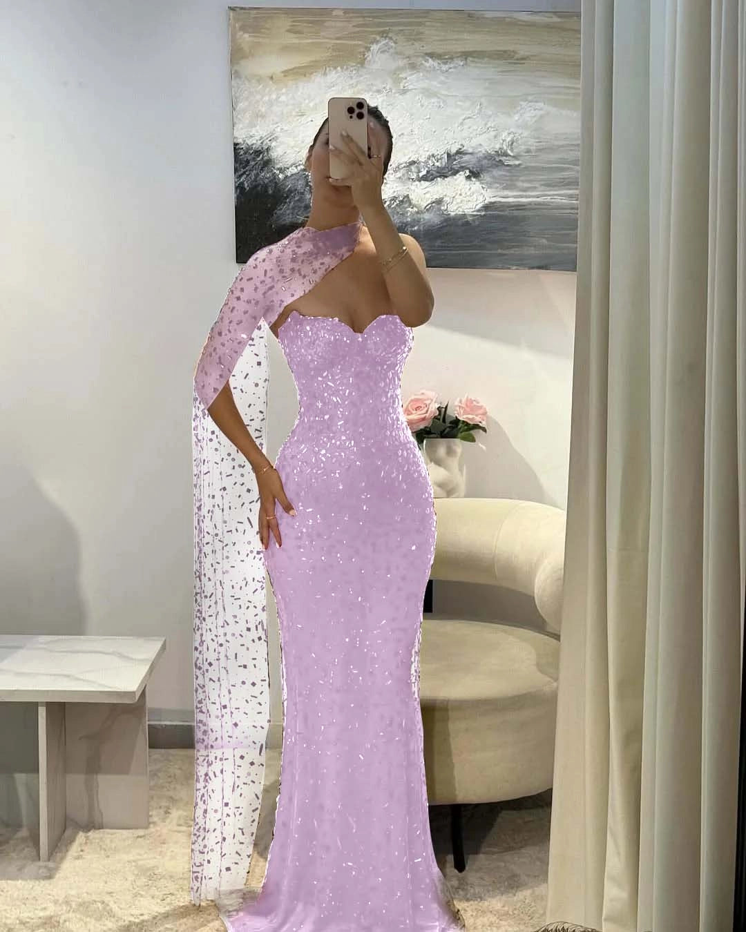 Sparkly Mermaid Sweetheart One‑Sleeve Open‑Back Long Prom Dress