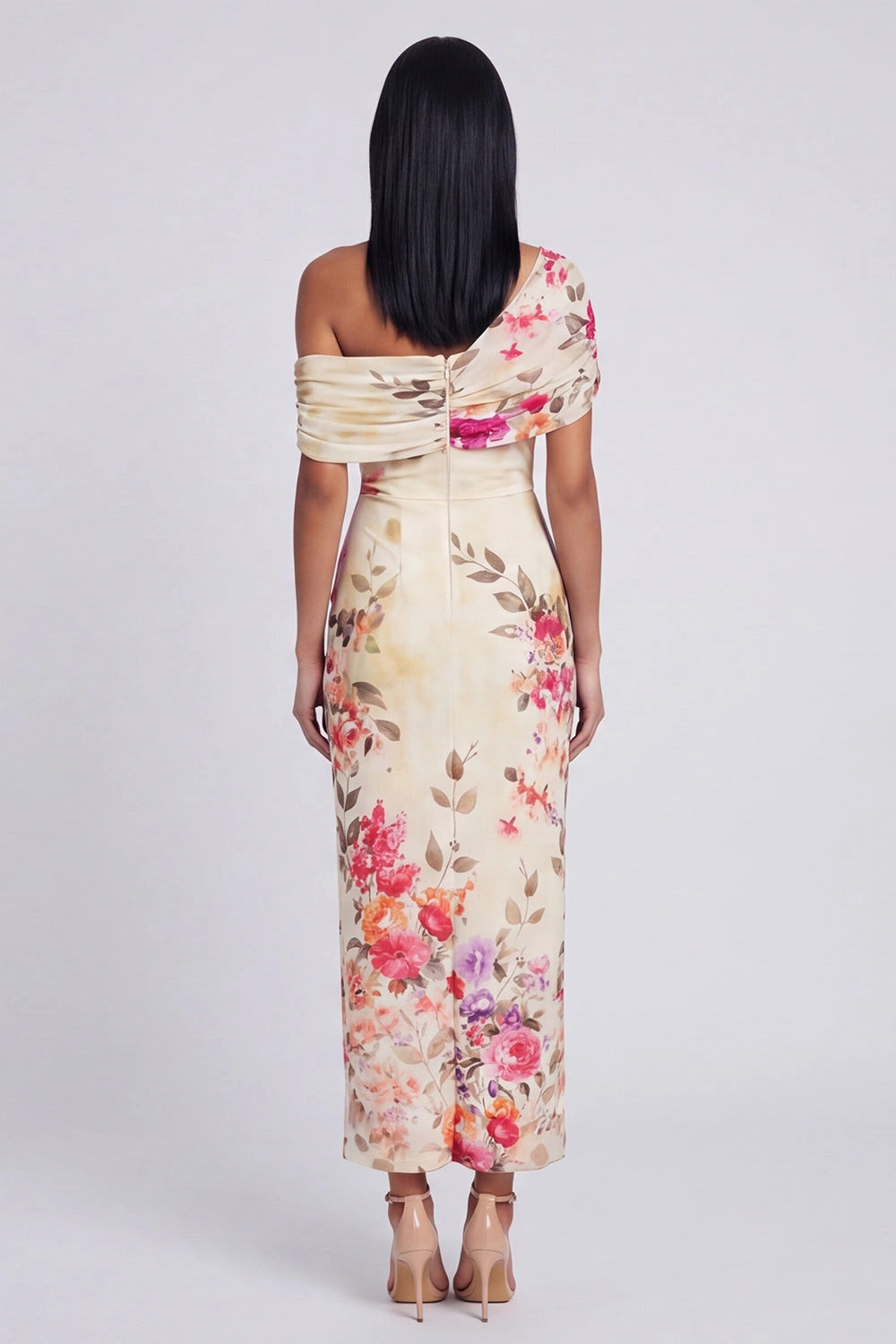 Elegant Sheath Asymmetric One Shoulder Draped Back Zip Midi Wedding Guest Dress