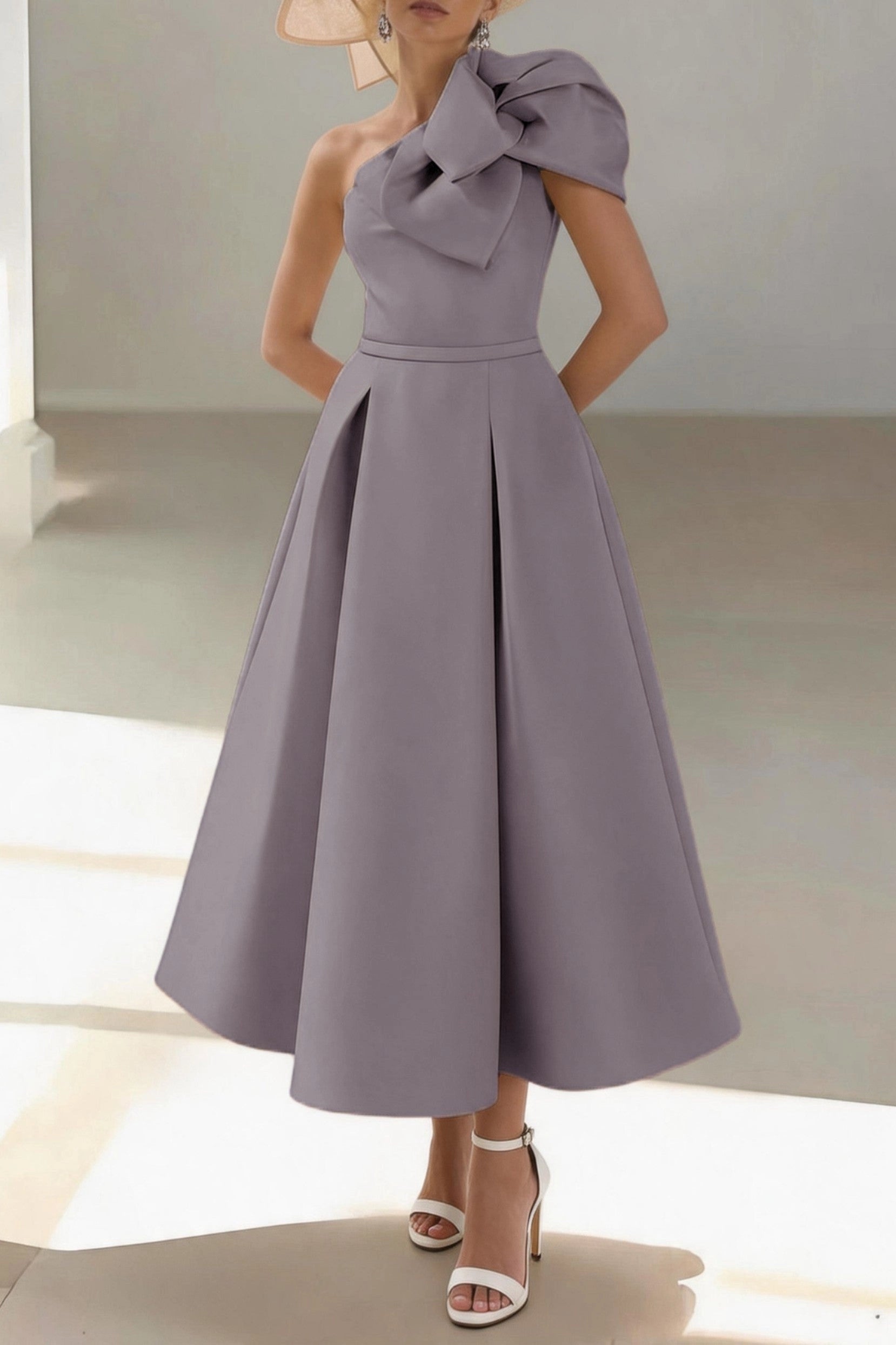Elegant A-Line One Shoulder Sleeveless Zip Back Midi Mother Of The Bride Dress