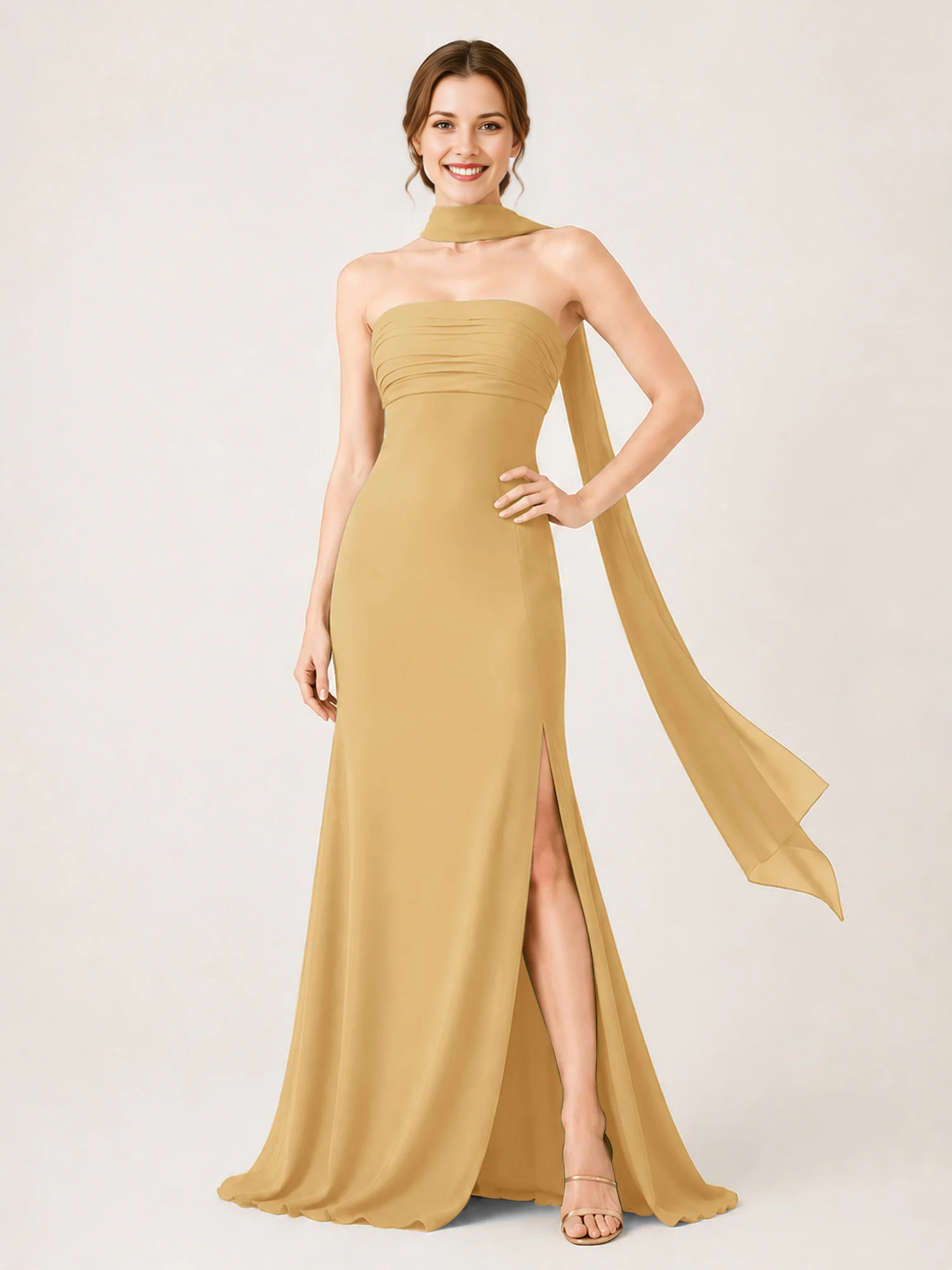 Strapless Ruched Chiffon Mermaid Bridesmaid Dress with Choker Scarf & High Slit
