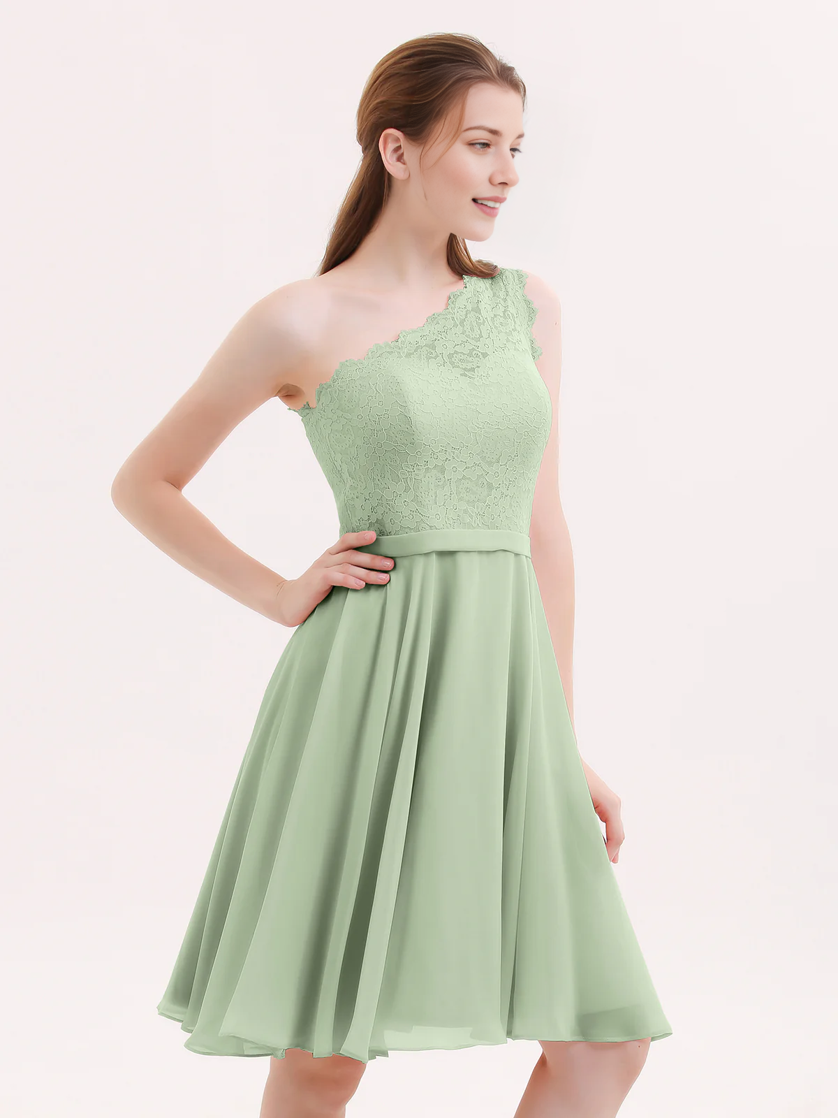 One Shoulder Lace Top A-Line Knee-Length Chiffon Bridesmaid Homecoming Short Dress