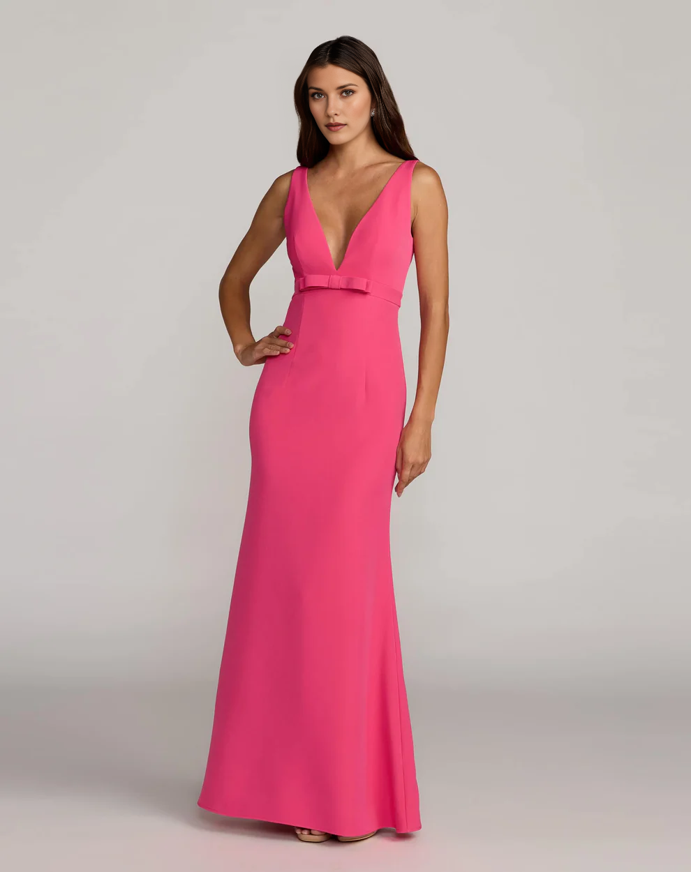 Sleeveless Deep V-Neck Mermaid Gown with Waist Bow Detail