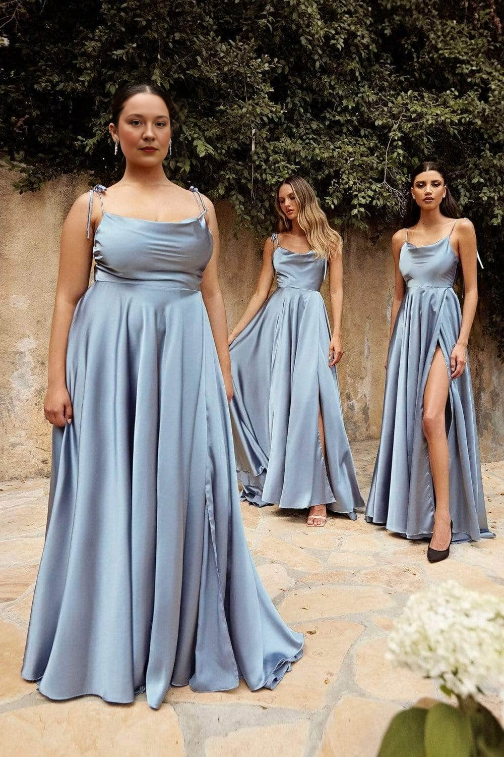 Elegant Satin Cowl Neck Tie Spaghetti Open Back Maxi Bridesmaid Dress A-Line Prom Gown With Slit