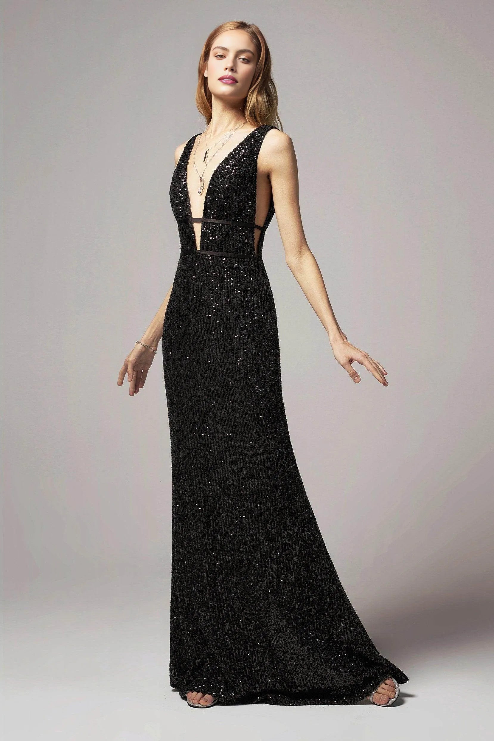 Sleek Sheath Trumpet Plunge Neck Sleeveless Sequin Open-Back Evening Dress