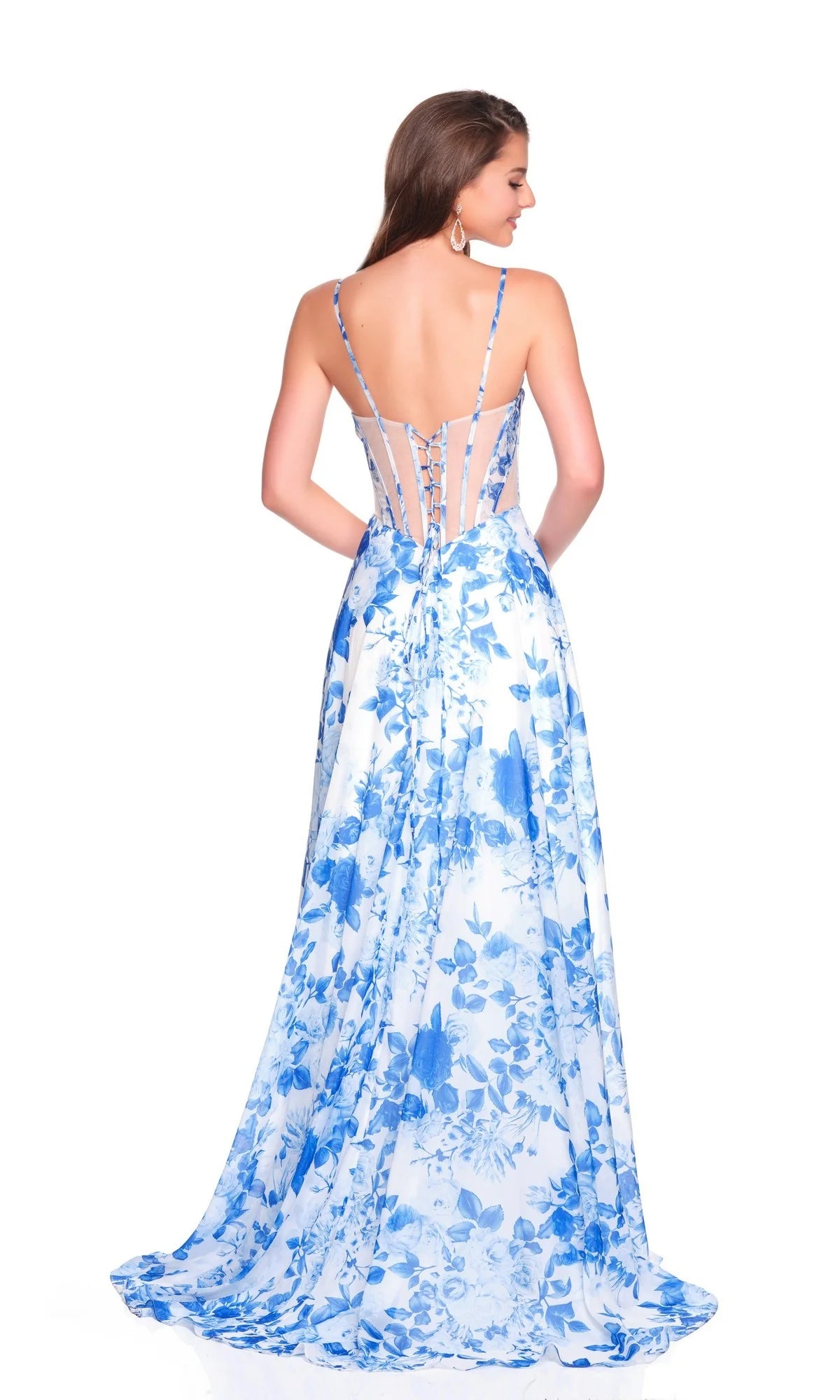 Elegant Floral A-Line Plunge Neck Sleeveless Chiffon Corset Lace-Up Back Evening Dress