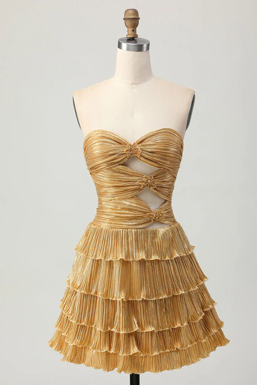 Strapless Tiered Ruffle Mini Dress Pleated Cutout Homecoming Cocktail Party Gown