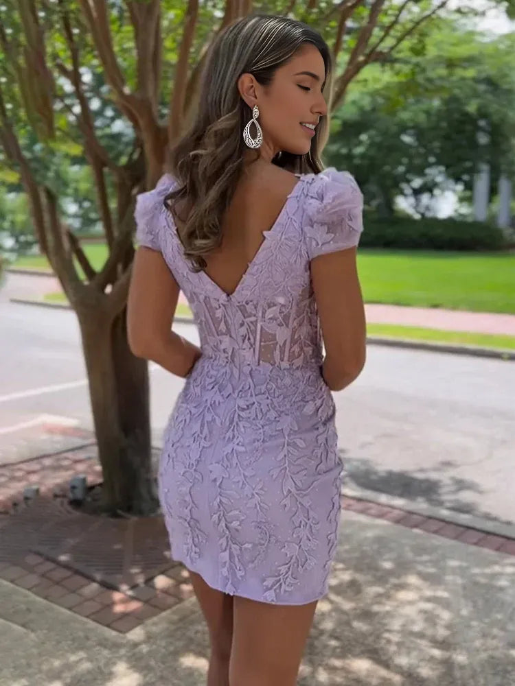 Elegant Fitted Square Neck Lace Short Sleeve Corset Mini Bodycon Dress
